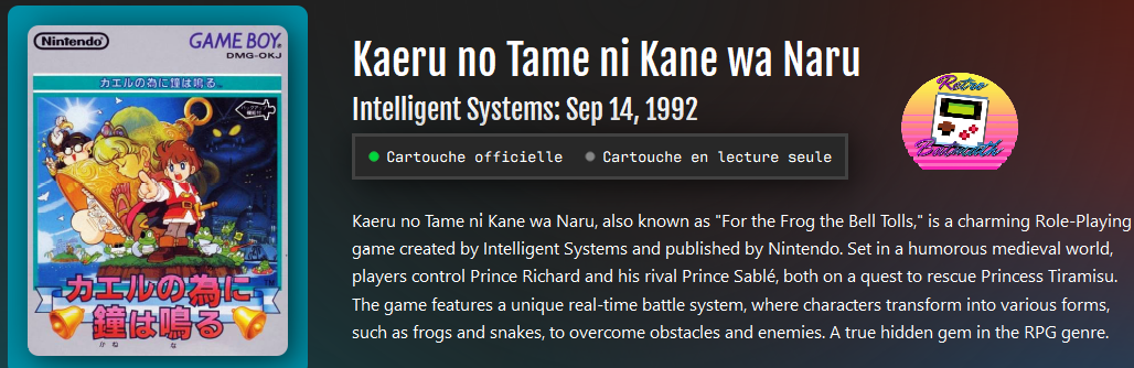 Kaeru no Tame ni Kane wa Naru – カエルの為に鐘は鳴る – Game Boy | Version Japonaise | Nintendo, 1992